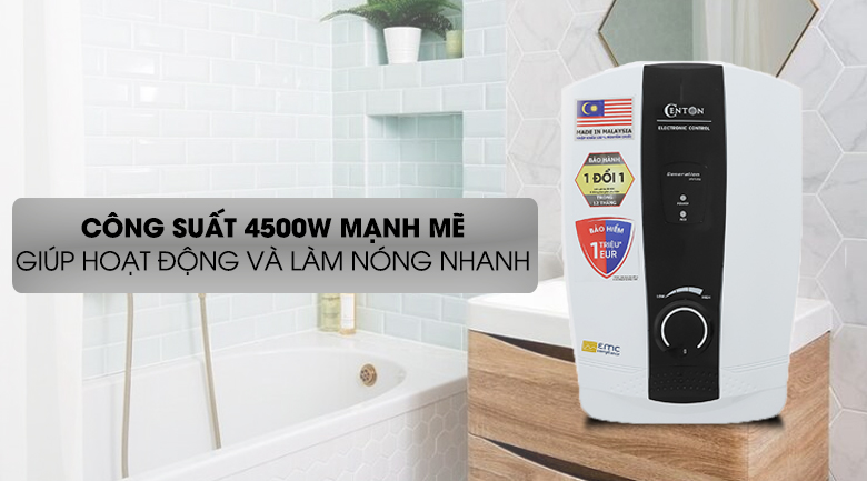 Bình nóng lạnh Centon WH8338E EMC 4500W - Công suất mạnh mẽ