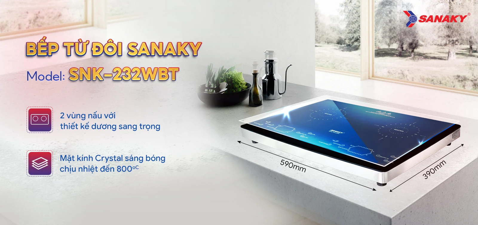 Thiết kế Bếp từ đôi Sanaky SNK-232WBT nguyên khối cứng cáp