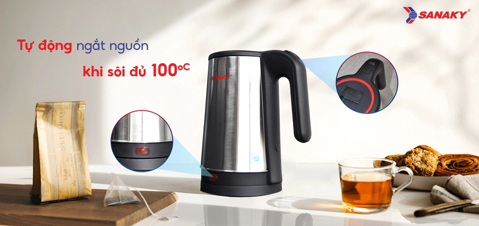 Tự động ngắt nguồn khi sôi đủ 100 độ C Tự động ngắt nguồn khi sôi đủ 100 độ C