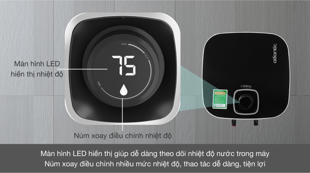 Bình nóng lạnh gián tiếp Atlantic 15 lít 2500W NANTO PLUS SWH 15A M-N2 - Màn hình Led hiển thị nhiệt độ