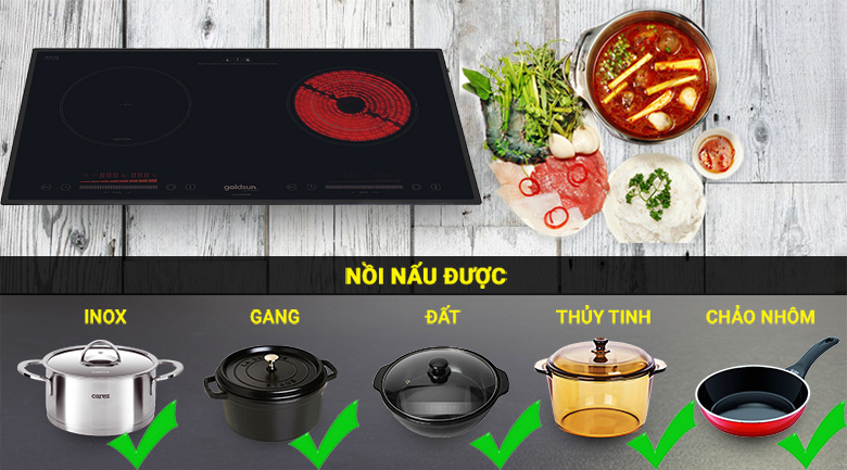 nấu được mọi loại nồi - Bếp đôi điện từ hồng ngoại Goldsun CH-GYL28