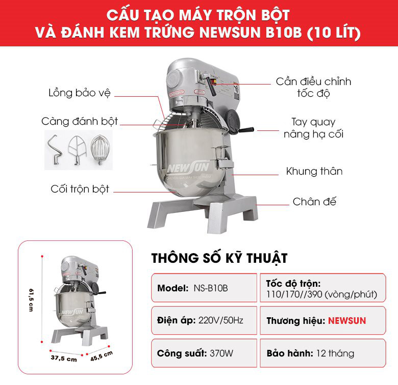Cấu tạo máy trộn bột đánh kem trứng NEWSUN B10B