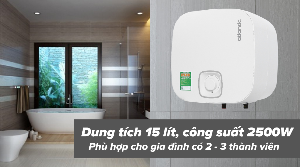 Bình nóng lạnh gián tiếp Atlantic 15 lít 2500W NANTO LITE SWH 15A M-N1 - Dung tích 15 lít phù hợp với gia đình 2 người  