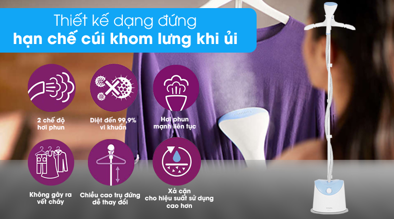 thiết kế dạng đứng thuận tiện, ủi không cần khom lưng