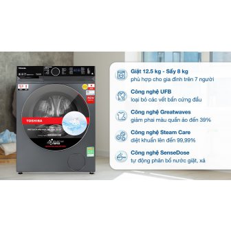Máy giặt sấy Toshiba Inverter giặt 12.5 kg - sấy 8 kg TWD-BM135GF4V(MG) NEW