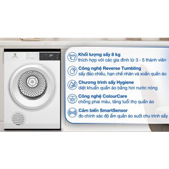 Máy Sấy Thông Hơi Electrolux 8 Kg EDV804H3WC